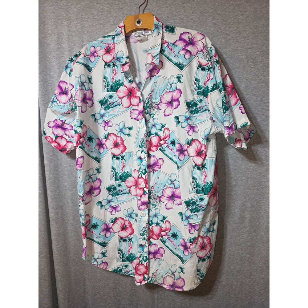 Victoria Jones Woman Cotton Shirt White Tropical Floral Hibiscus Short Sleeve 1X
